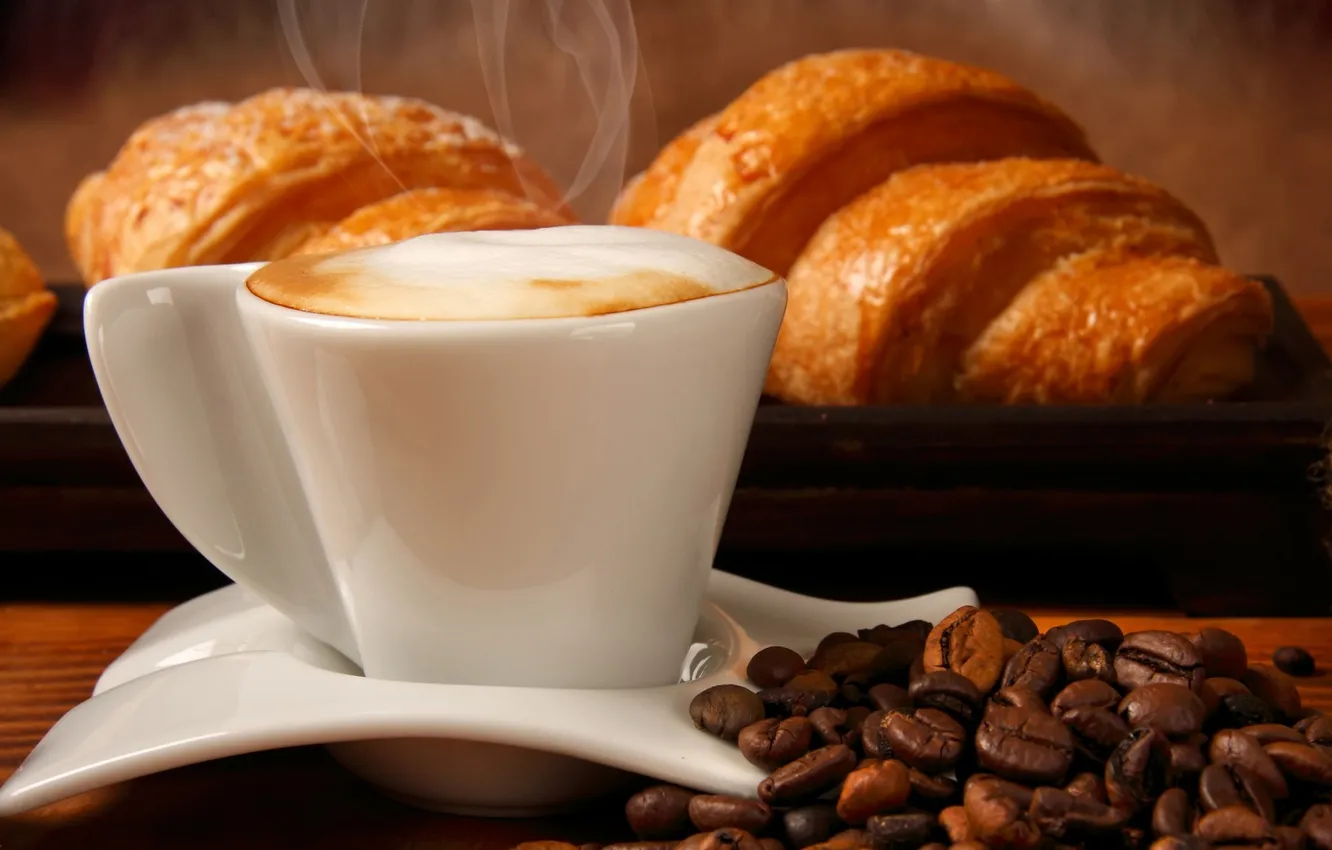 Фото обои кофе, кофейные зерна, аромат, coffee, круассаны, croissants, aroma coffee beans