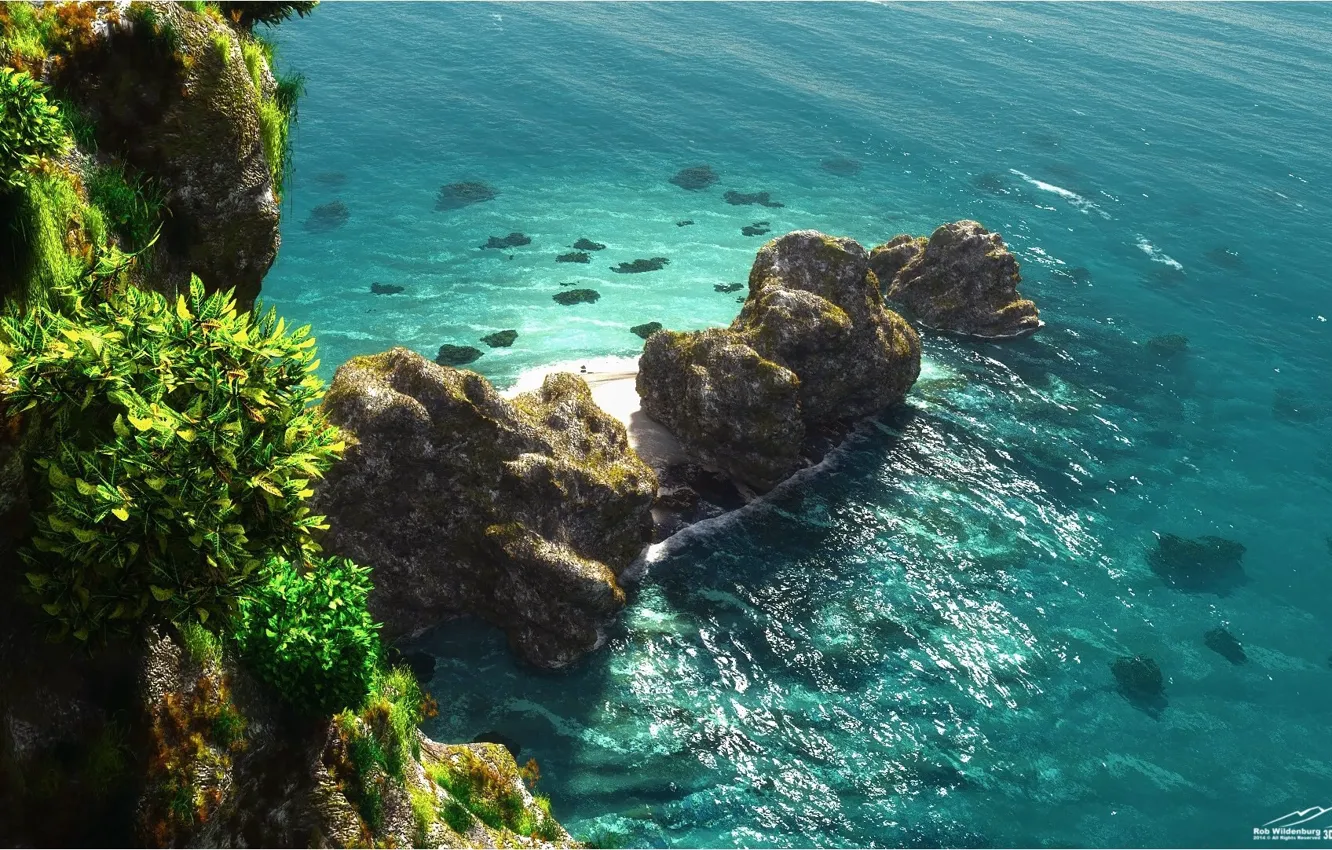 Фото обои море, скалы, берег, растительность, Beautiful Turquoise