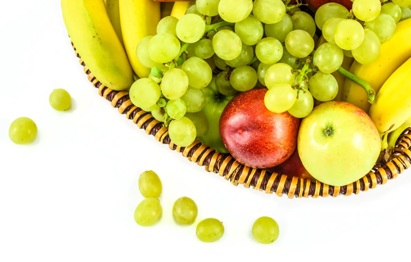 Фото обои корзина, яблоки, виноград, фрукты, банан