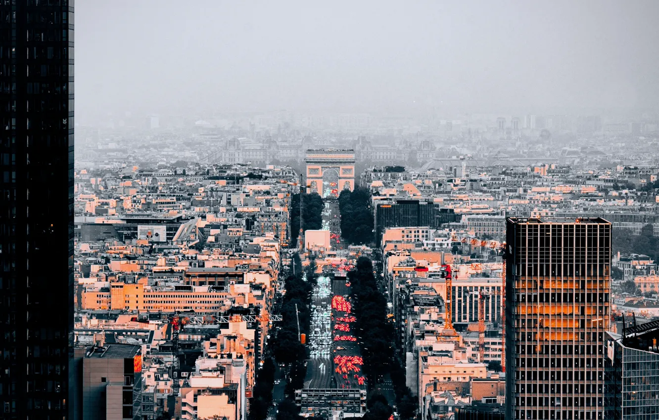 Фото обои дорога, город, туман, Париж, здания, архитектура, вид сверху