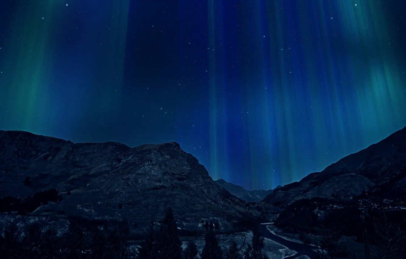 Фото обои горы, ночь, аврора, северное сияние