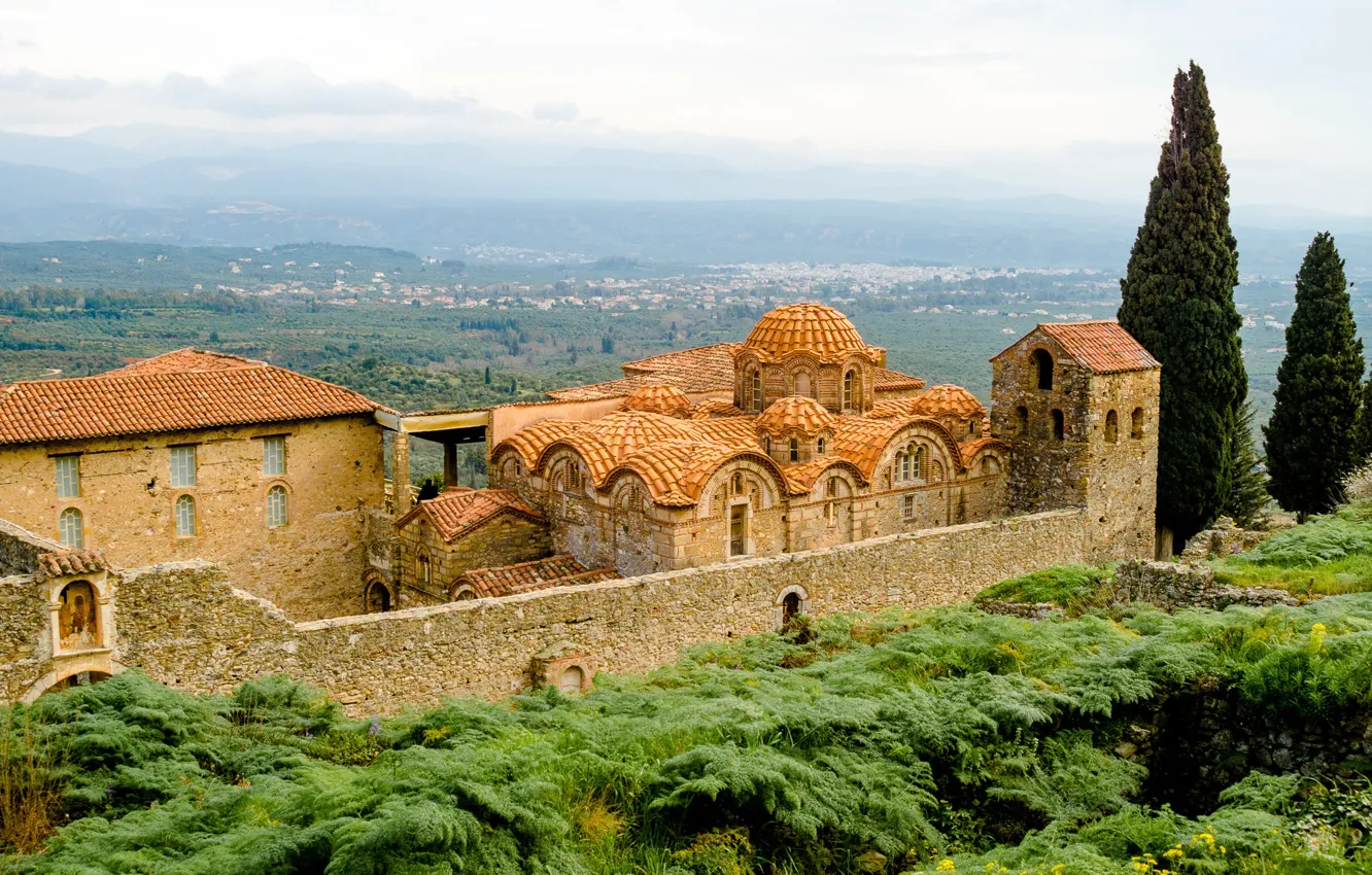 Фото обои Греция, панорама, храм, монастырь, Mistras