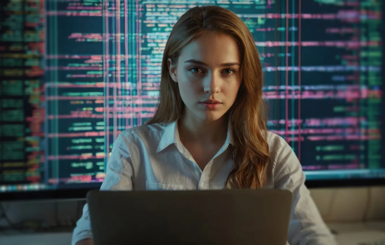 Фото обои взгляд, девушка, полоски, лицо, стол, работа, портрет, офис