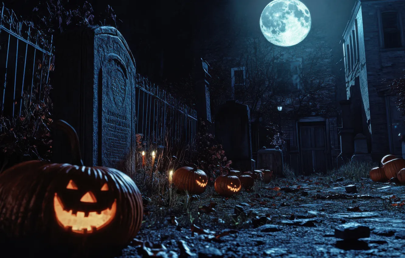 Фото обои Ночь, Луна, Тыква, Halloween, Хэллоуин, Цифровое искусство, Кладбище, Жутко