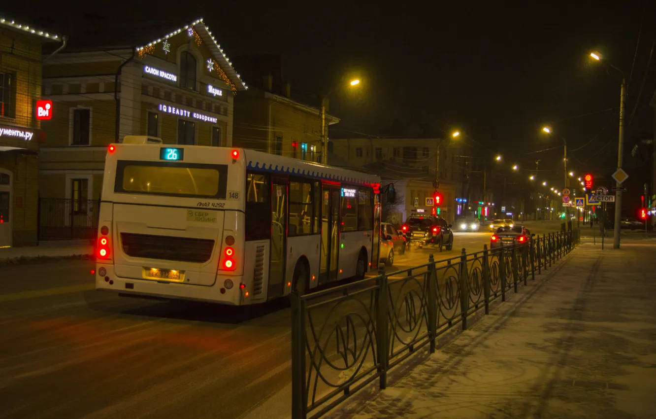 Фото обои зима, снег, ночь, город, здание, красота, фонари, автобус