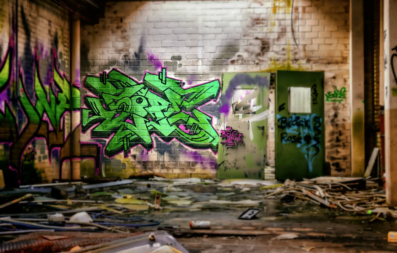 Фото обои стена, граффити, hdr, заброшенное здание, ultra hd