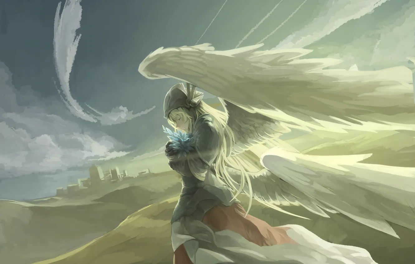 Фото обои небо, девушка, облака, крылья, ангел, аниме, арт, avamone