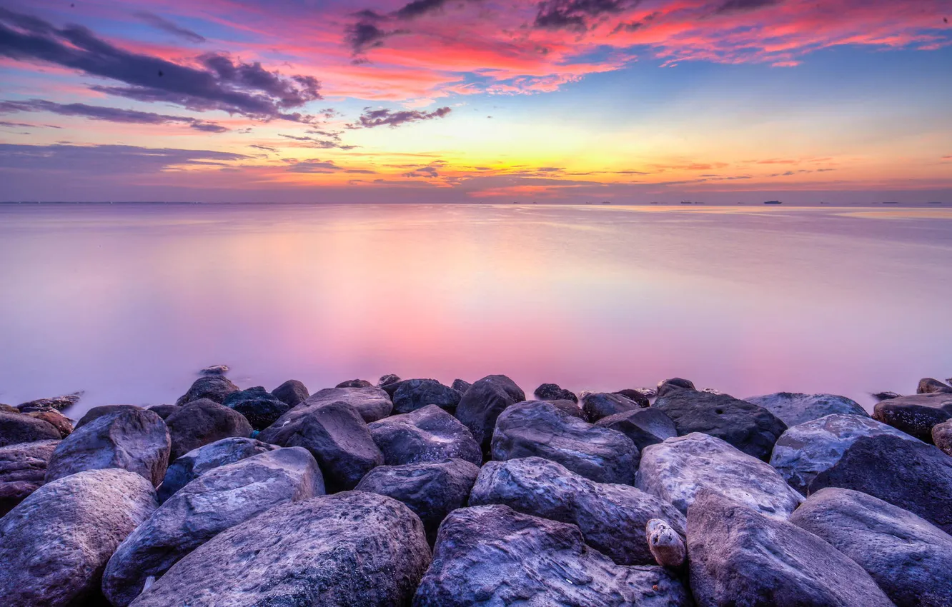 Фото обои камни, океан, рассвет, берег, горизонт