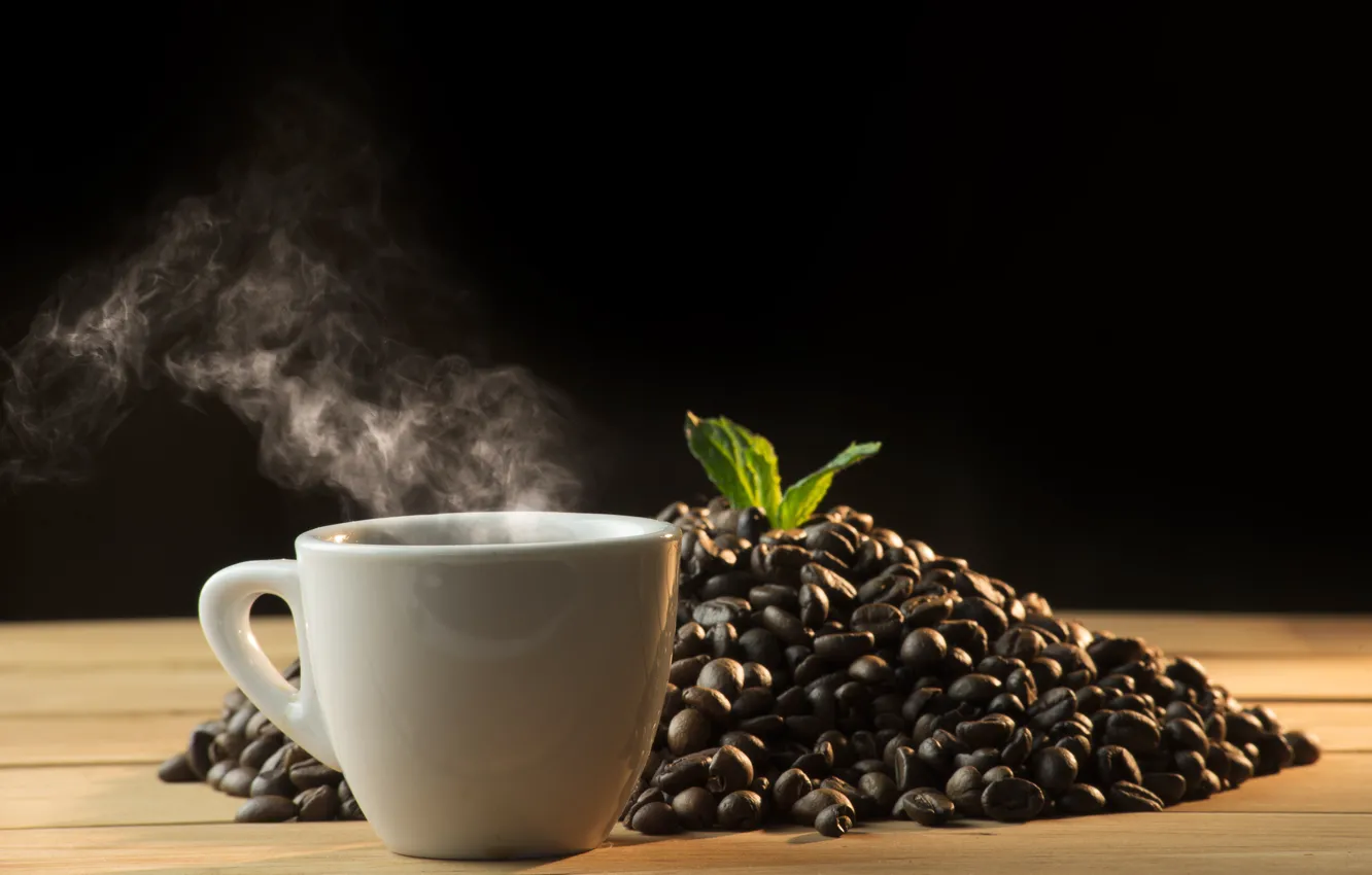 Фото обои листья, кофе, зерна, чашка, hot, cup, beans, coffee