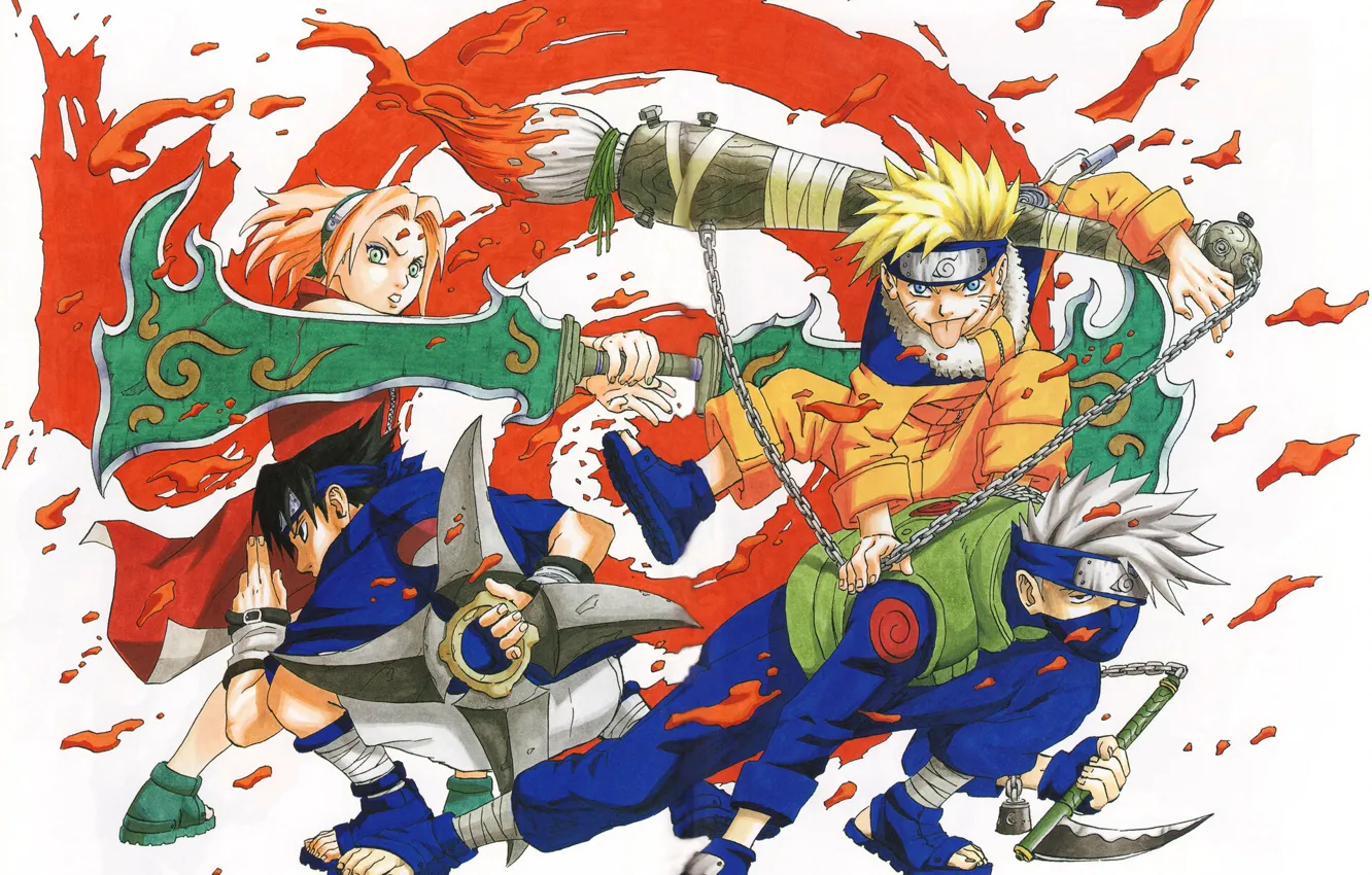 Фото обои краски, Наруто, Naruto, кисть, команда 7, Саске Учиха, Сакура Харуно, Узумаки Наруто