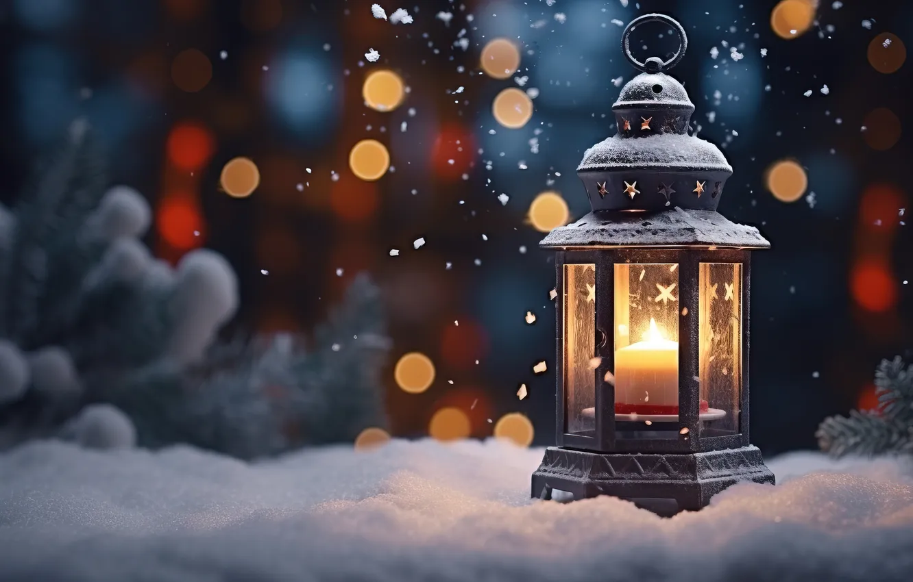 Фото обои зима, снег, ночь, Рождество, фонарь, Новый год, Christmas, night