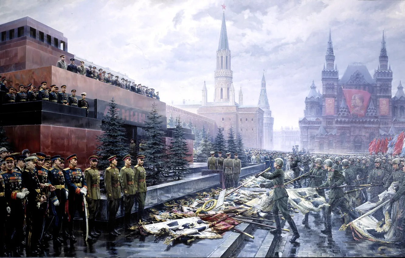 Фото обои картина, 9мая, день победы, солдаты, кремль, флаги, красная площадь