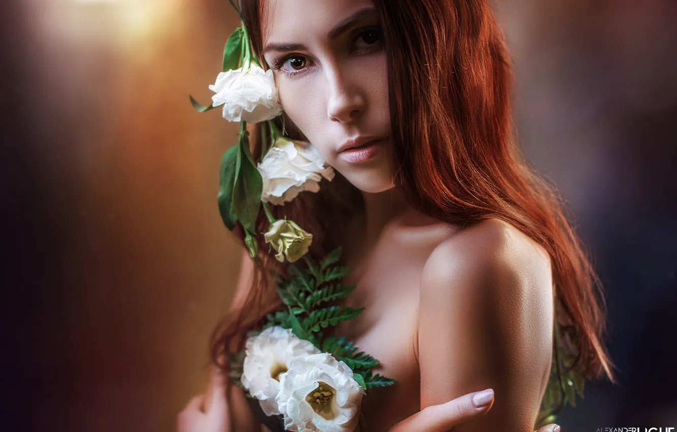 Фото обои взгляд, цветы, фон, модель, волосы, портрет, Alexander Drobkov-Light, Неля Пирожкова
