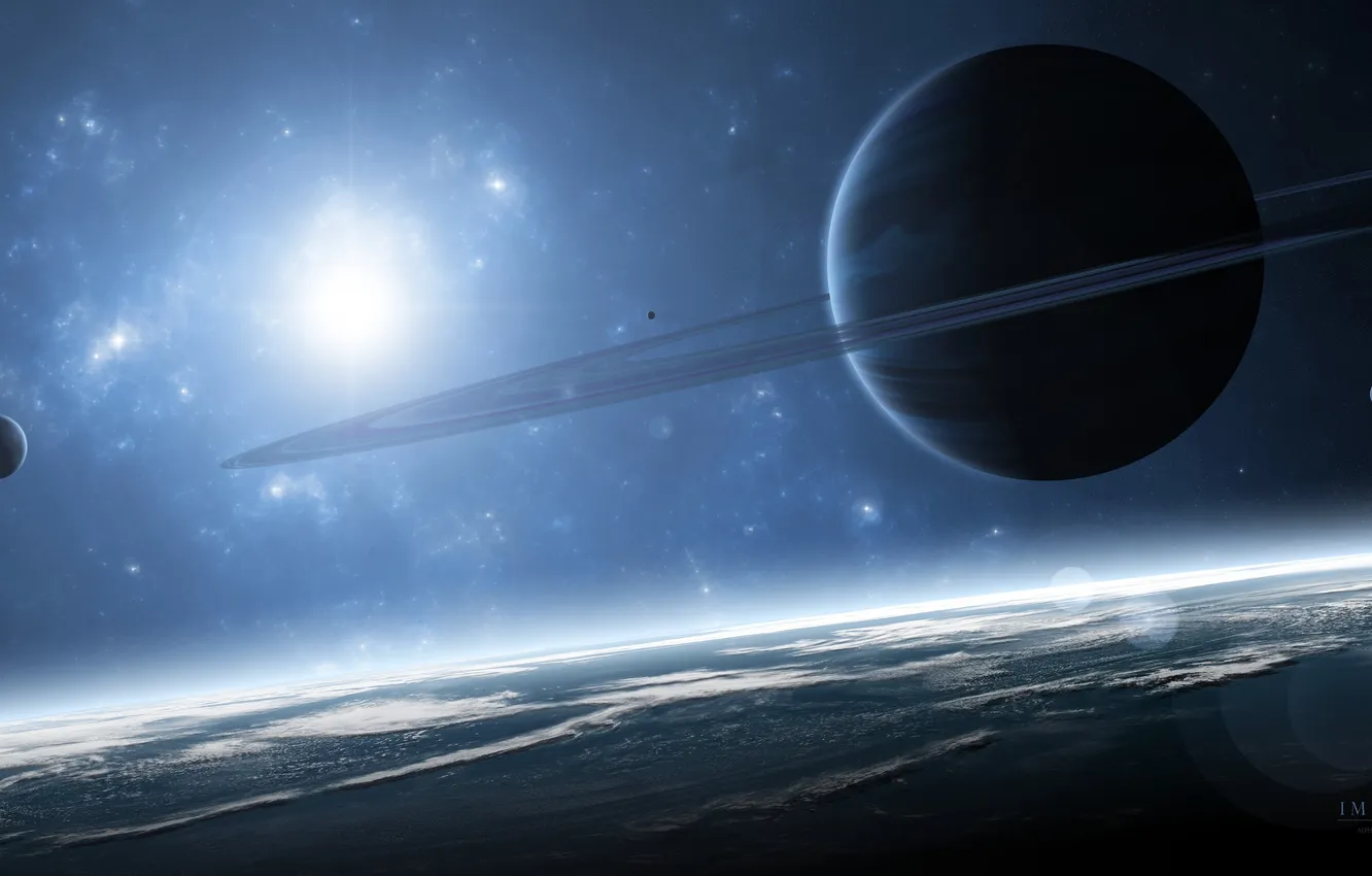 Фото обои планеты, кольца, спутники, газовый гигант, immersion