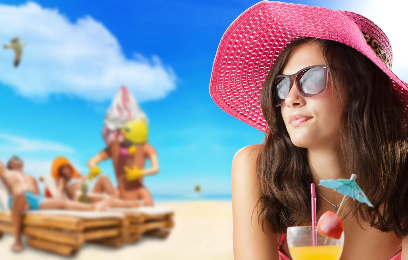 Фото обои girl, summer, beach, party, hat, pink, beautiful, cocktail