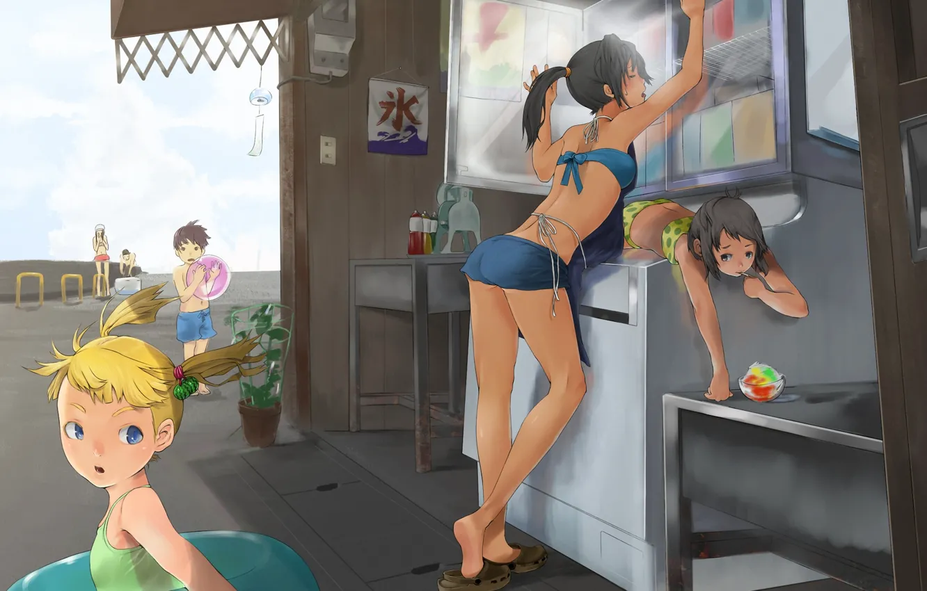 Фото обои купальник, лето, девушка, дети, жара, холодильник, мороженое