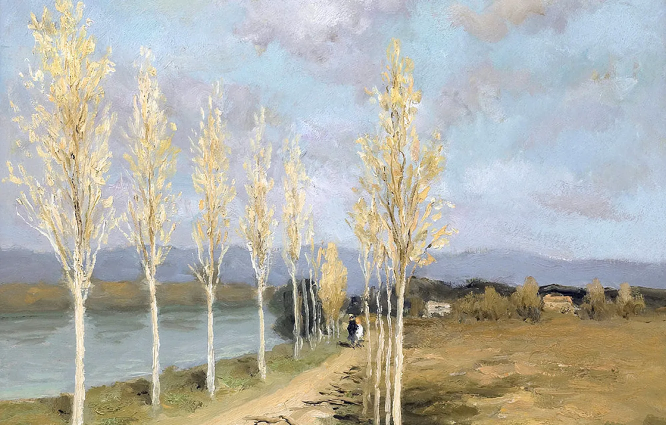Фото обои деревья, пейзаж, горы, картина, Марсель Диф, На берегу канала