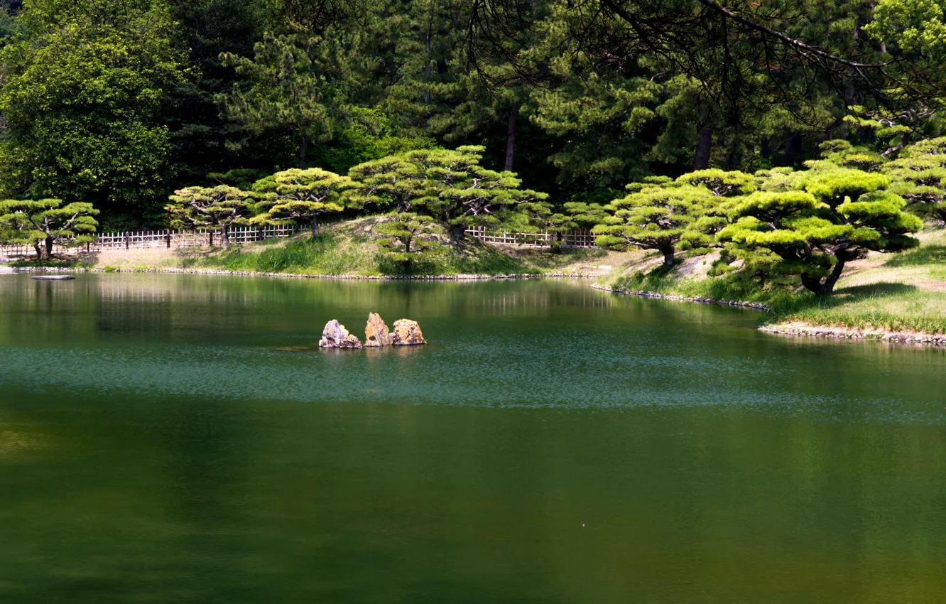 Фото обои пруд, парк, Япония, Takamatsu, Ritsurin garden, 栗林公園