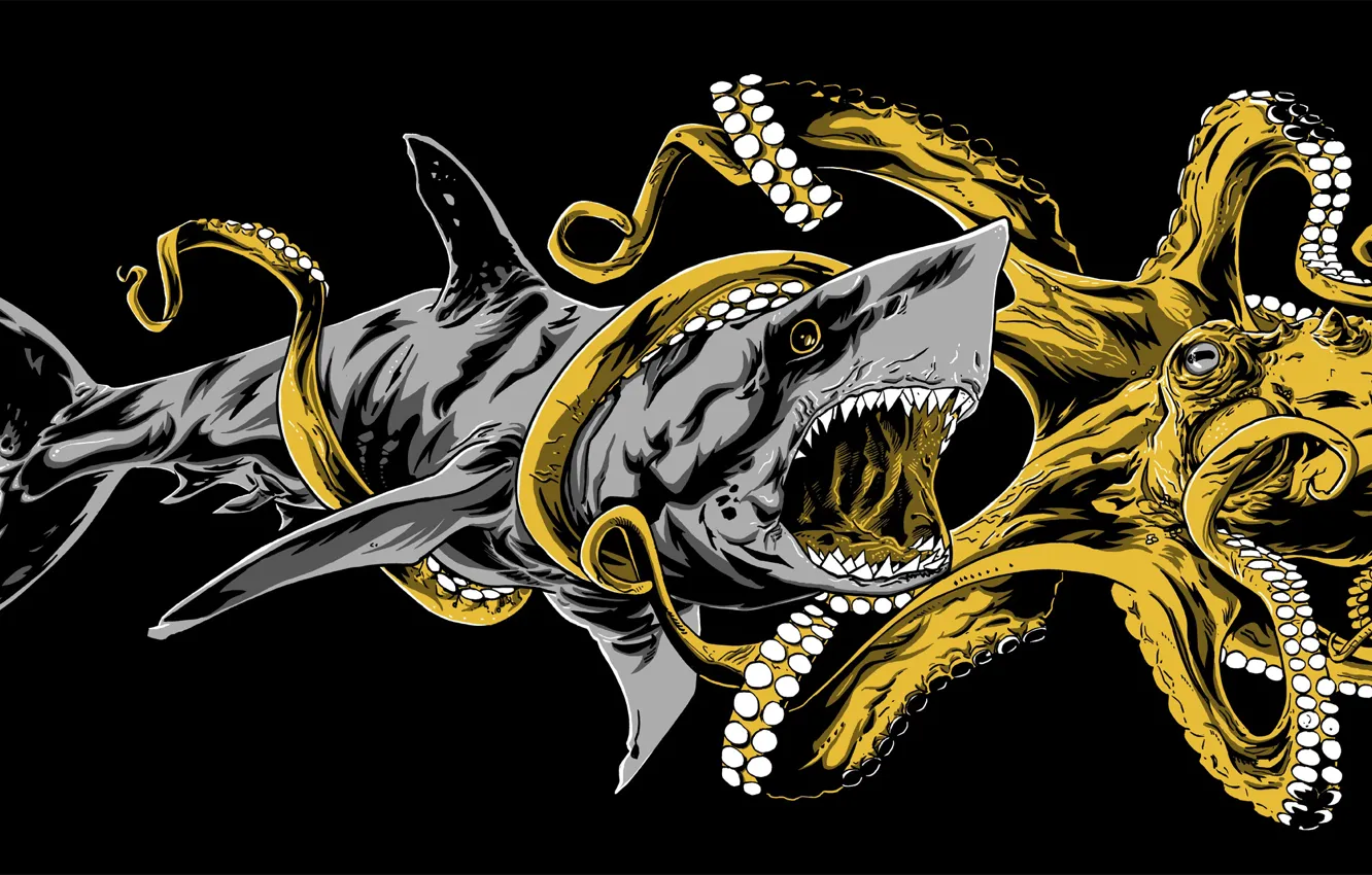 Фото обои акула, осьминог, пасть, битва