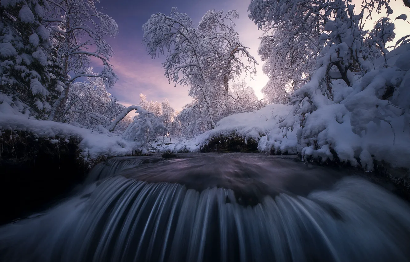 Фото обои зима, снег, деревья, пейзаж, закат, природа, река, водопад