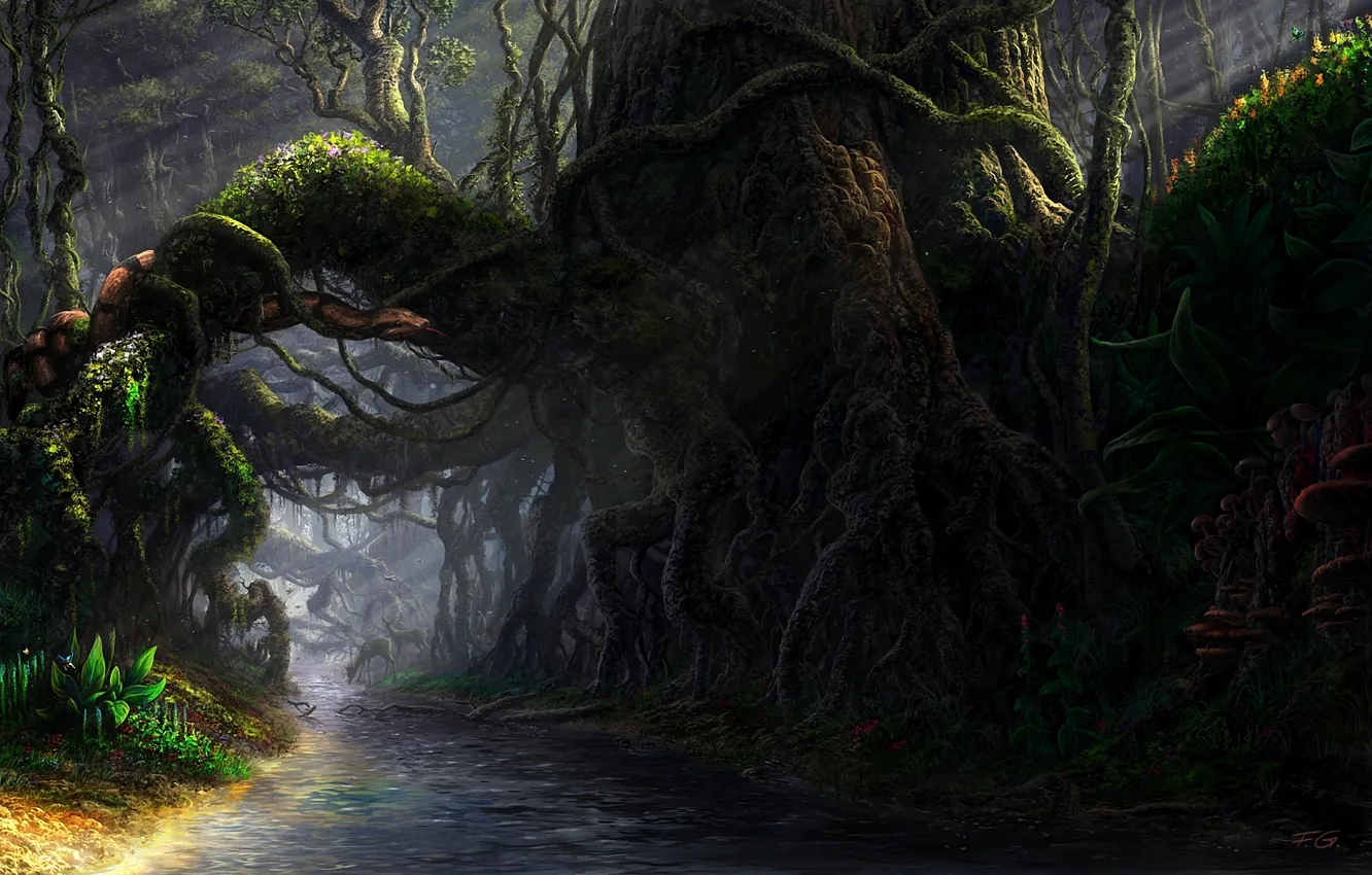 Фото обои лес, корни, река, грибы, пень, змея, чаща, арт