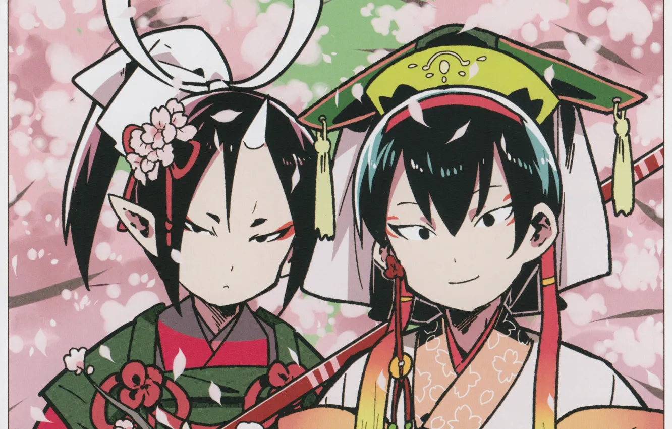 Фото обои сакура, цветение, японская одежда, рог, головной убор, ёкаи, два парня, hoozuki