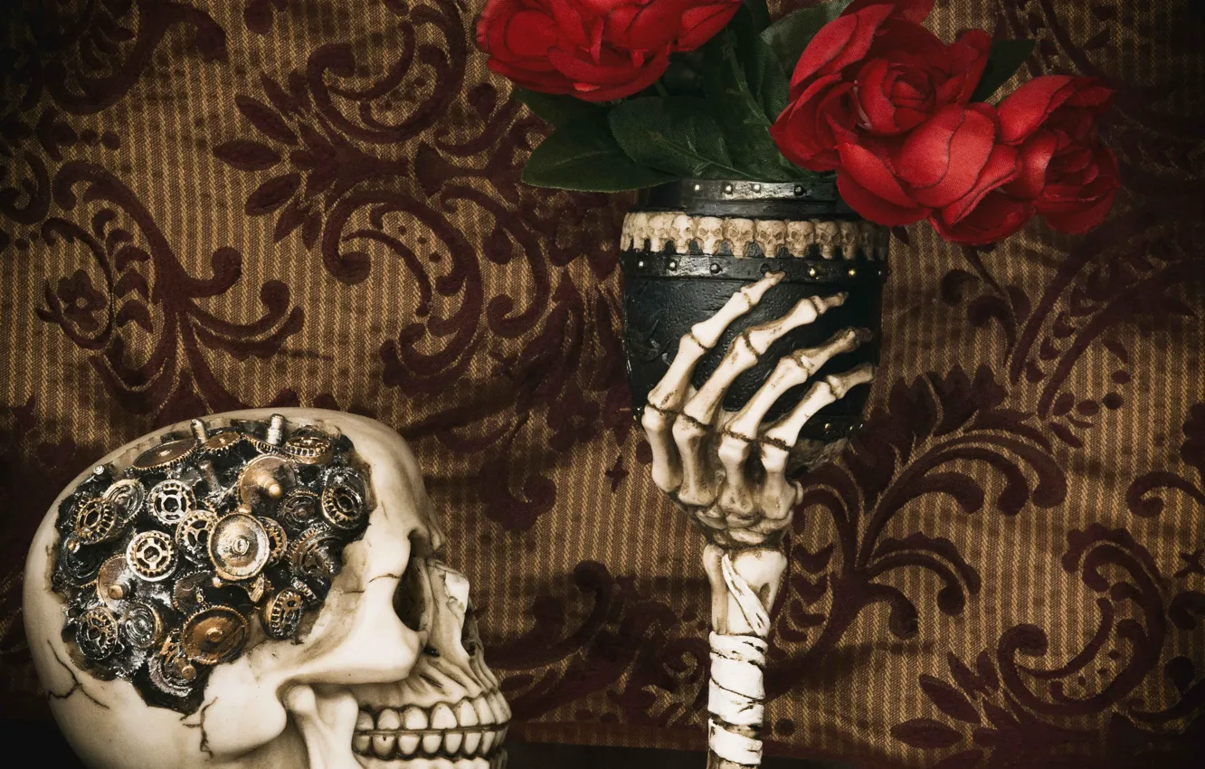 Фото обои цветы, стиль, бокал, череп, механизм, рука, розы, кости