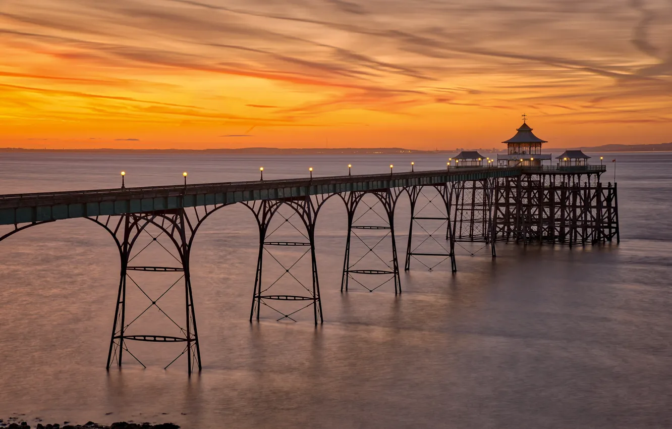 Фото обои закат, Англия, вечер, пирс, Somerset, Clevedon Pier