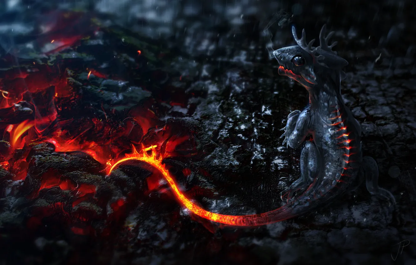 Фото обои огонь, дракон, арт, dragon