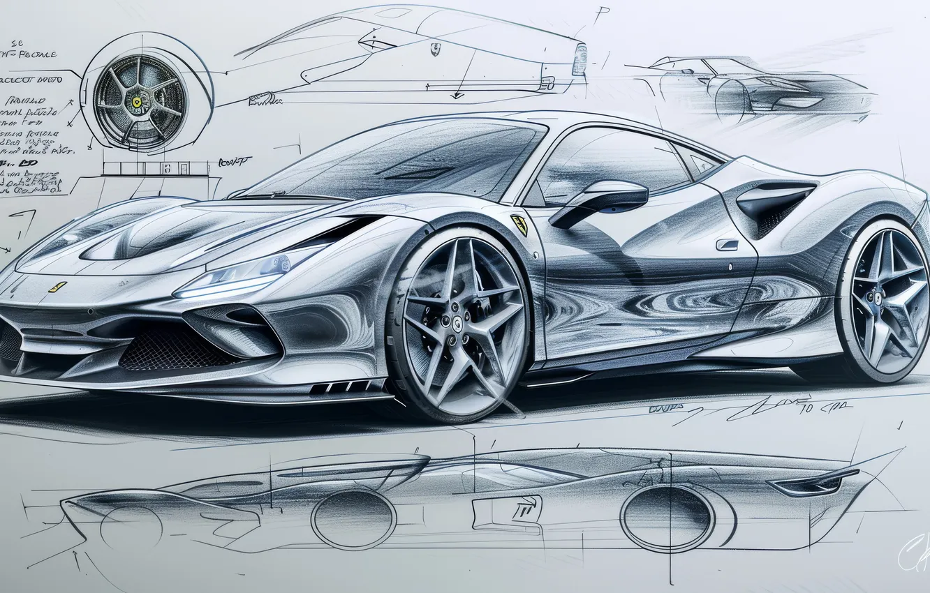 Фото обои дизайн, black & white, Феррари, чертеж, эскиз, черно-белое, Ferrari, автомобили