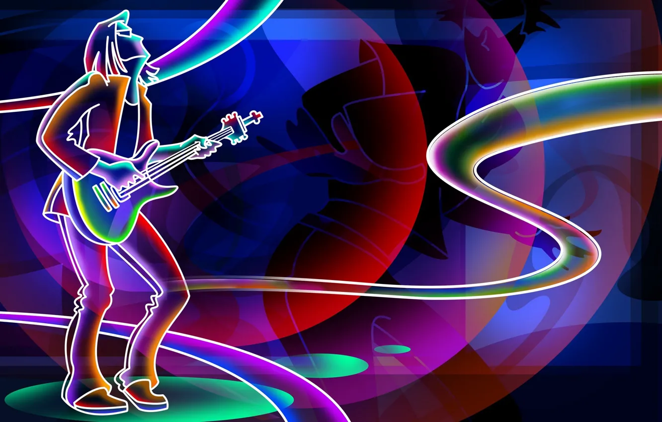 Фото обои лучи, музыка, сцена, неон, music, гитарист, rays, neon