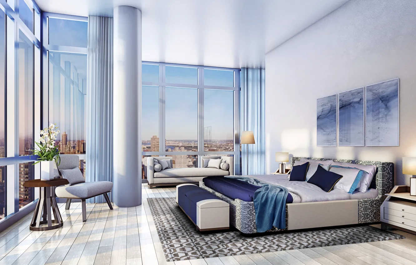 Фото обои дизайн, стиль, интерьер, мегаполис, спальня, New-York, bedroom