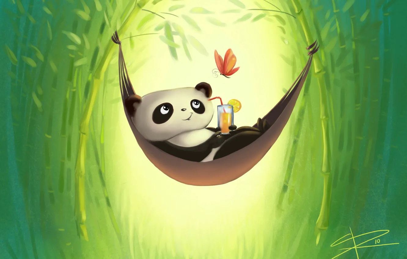 Фото обои отдых, бабочка, рисунок, бамбук, гамак, панда, напиток