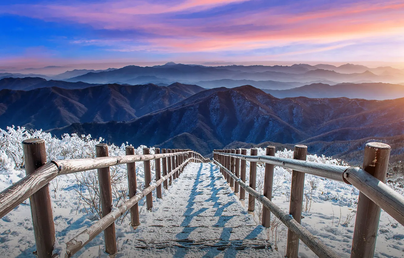 Фото обои sky, landscape, nature, sunset, South Korea, mountains, clouds, snow