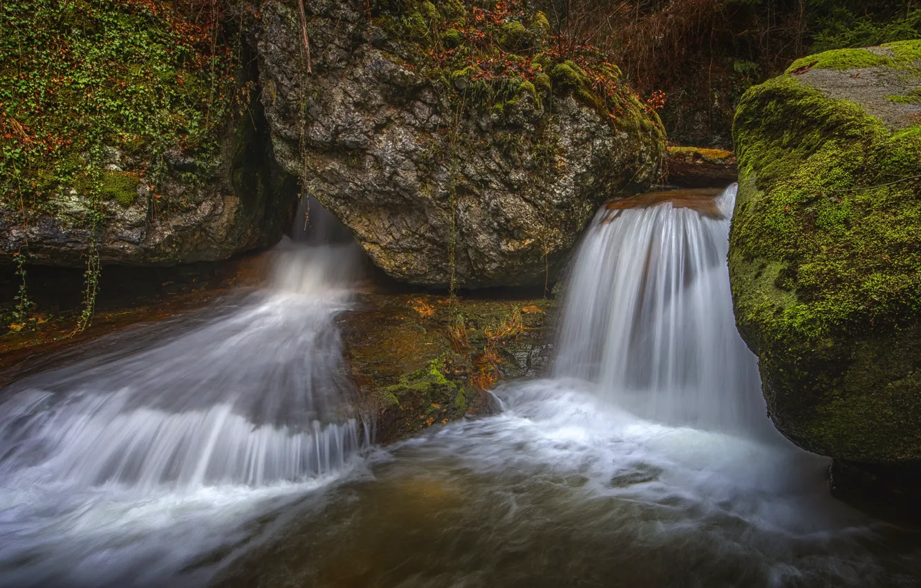Фото обои вода, камни, растительность, водопад, мох, поток, водопады, валуны