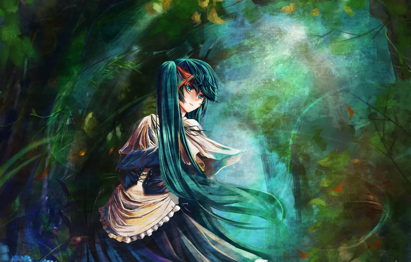 Фото обои лес, аниме, Hatsune Miku, вокалоид, синие волосы