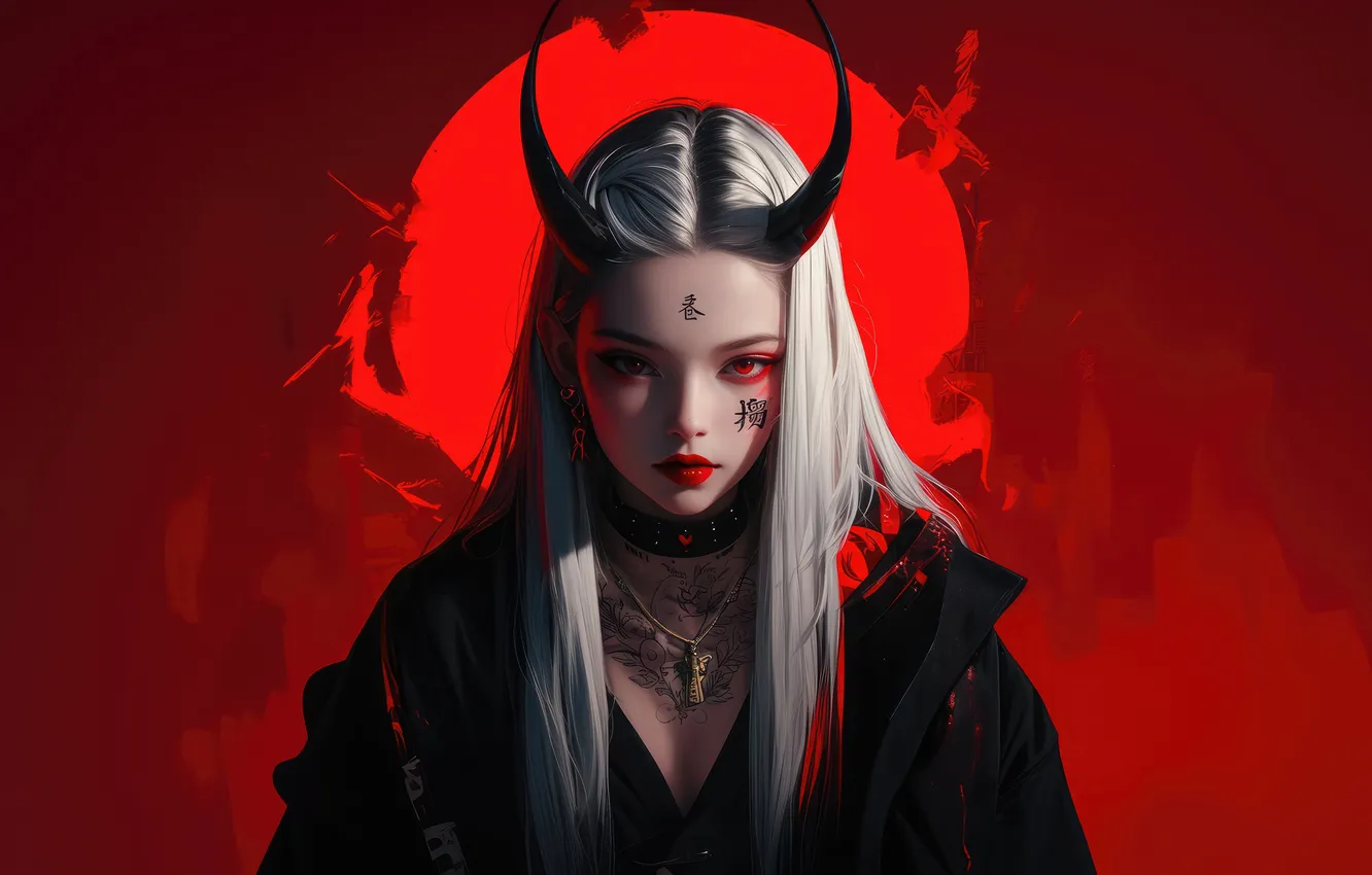 Фото обои Devil, Anime, Red Eyes, Tattoo, White Hair, Horn, Red Background, Anime Girl