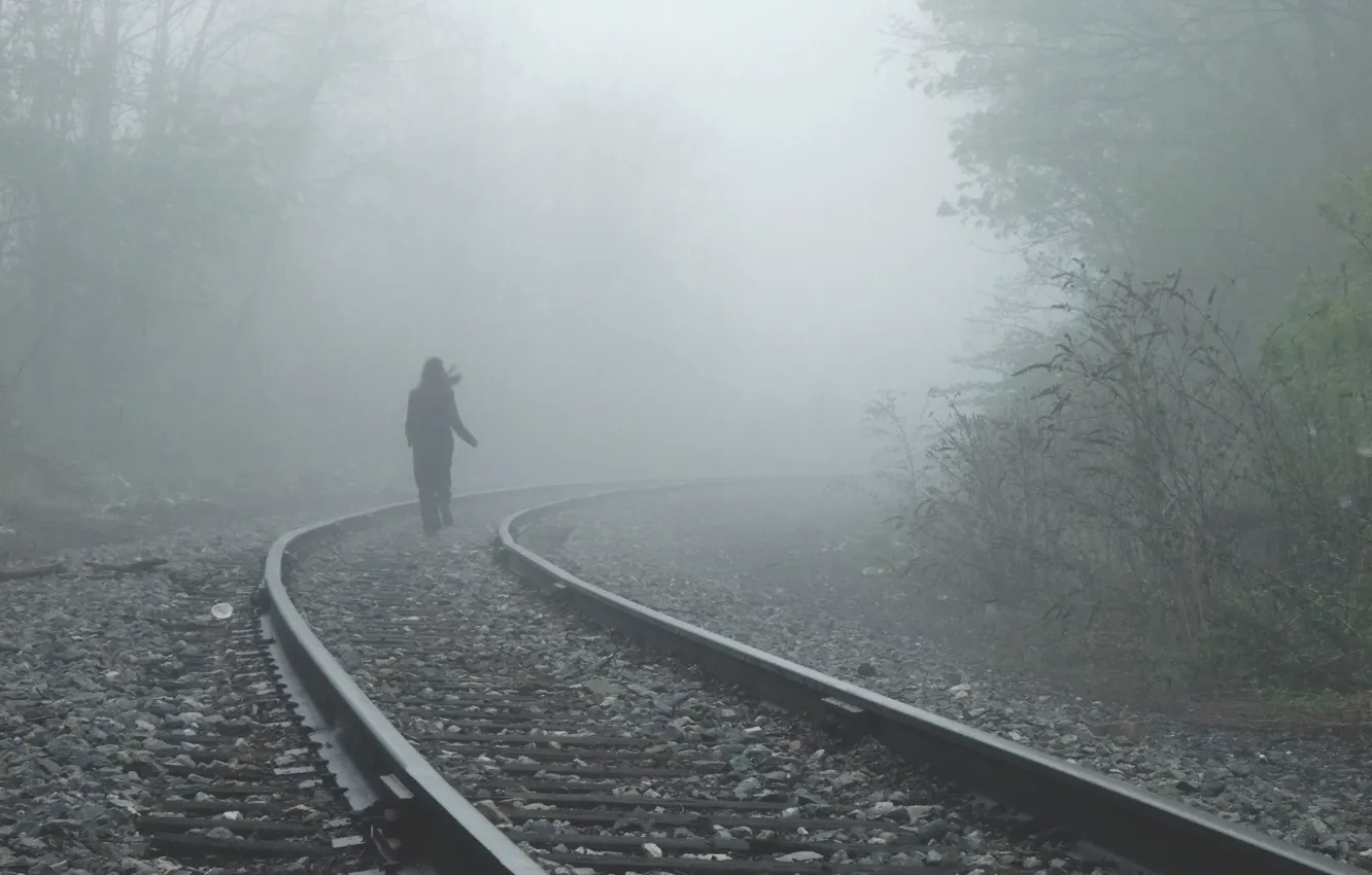 Фото обои girl, fog, alone, mood, rails, railroad, I walk a lonely road