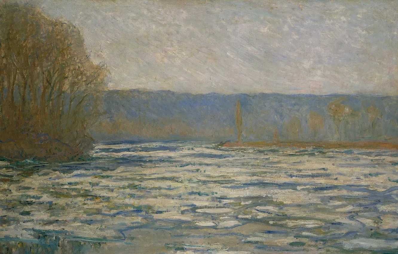 Фото обои пейзаж, картина, Клод Моне, Ледоход на Сене возле Бенкура