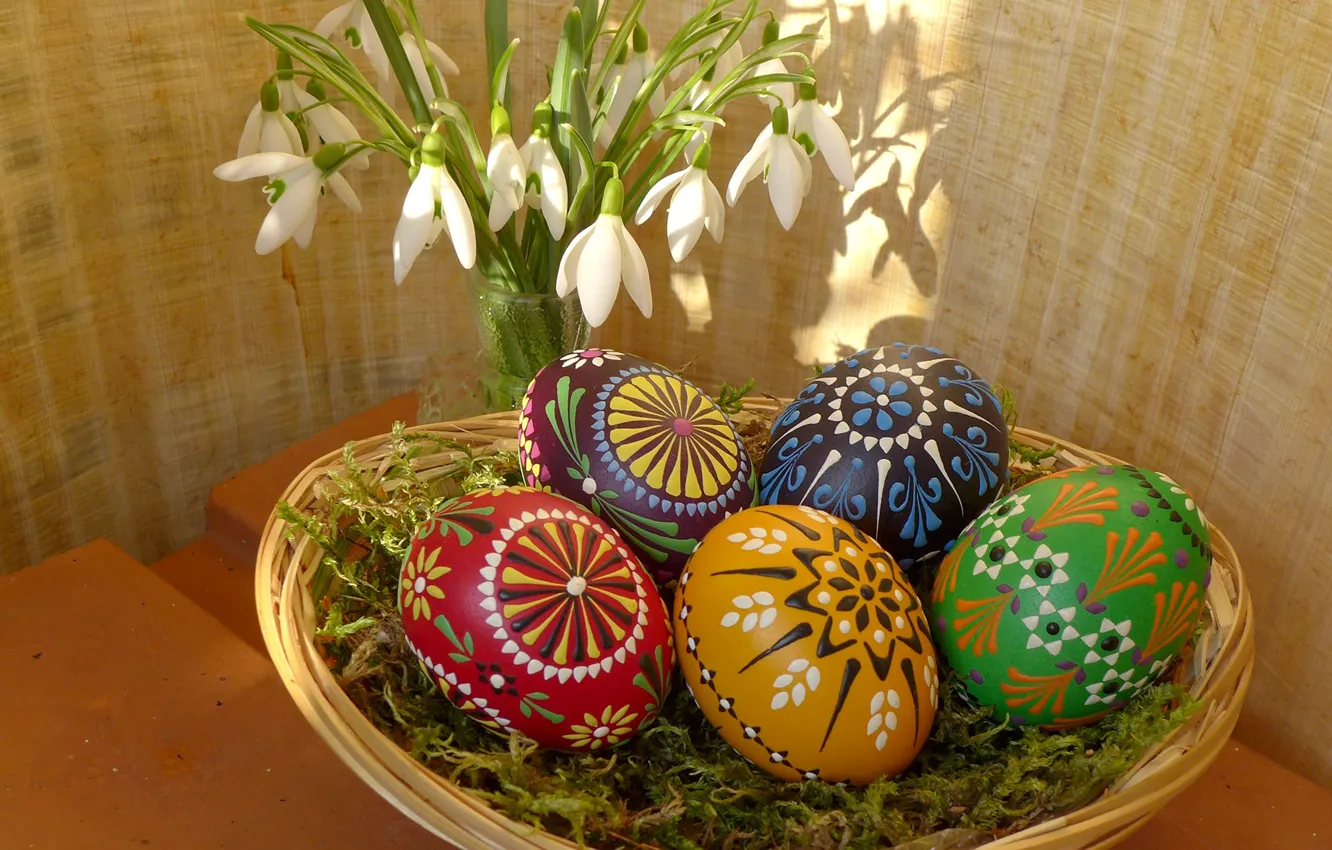 Фото обои цветы, яйца, весна, подснежники, пасха, Праздник