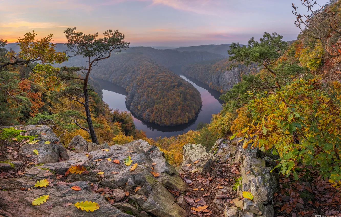 Фото обои осень, деревья, скала, река, Чехия, изгиб, подкова, Богемия