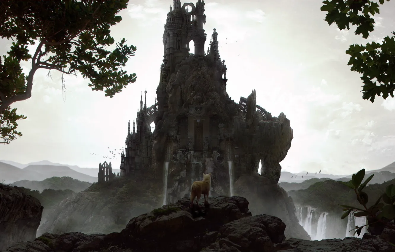 Фото обои деревья, скала, камни, замок, башня, водопад, волк