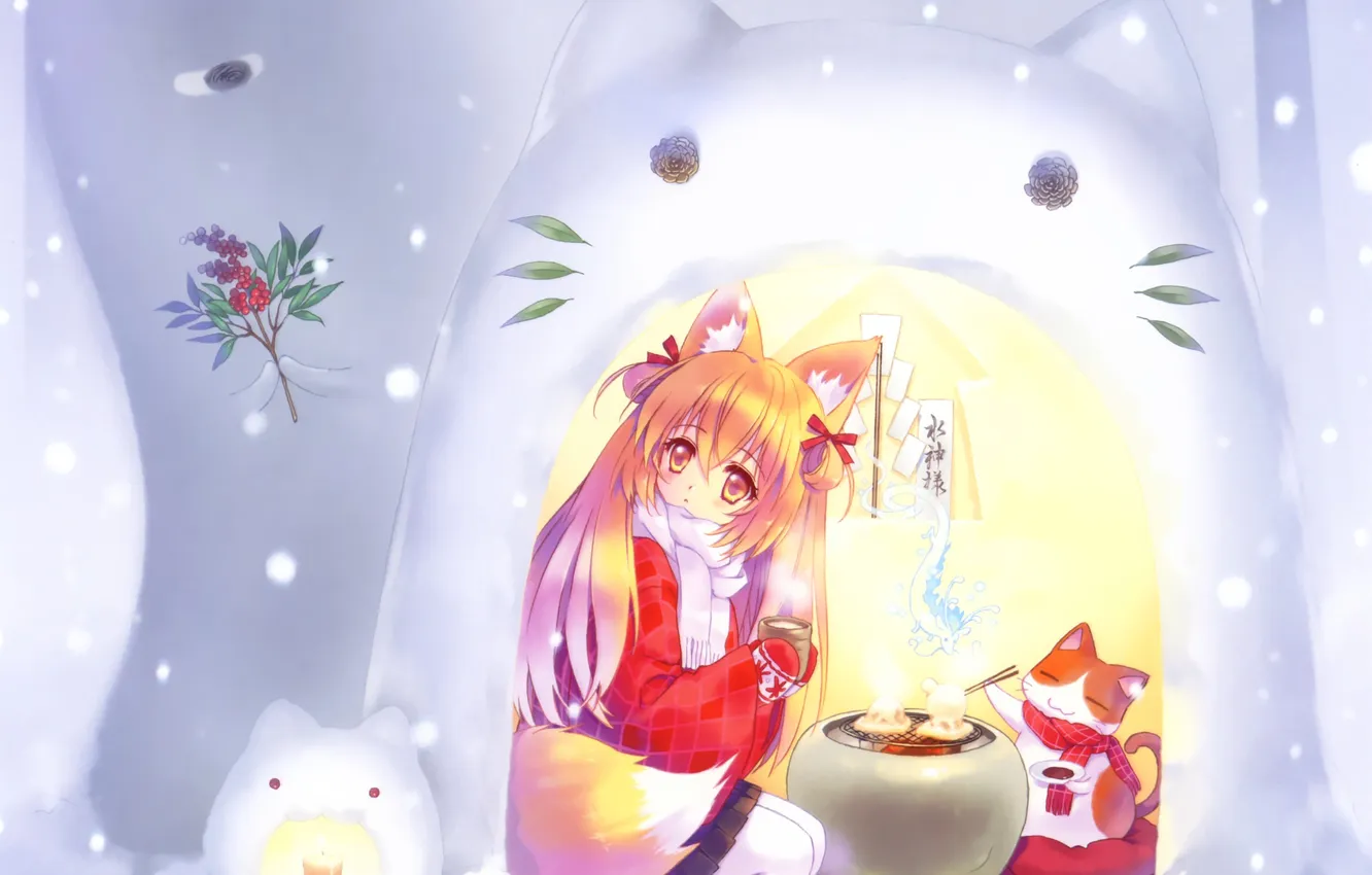 Фото обои зима, кот, девушка, снег, снежинки, еда, аниме, шарф