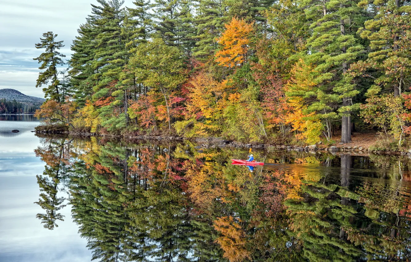 Фото обои осень, пейзаж, озеро, лодка