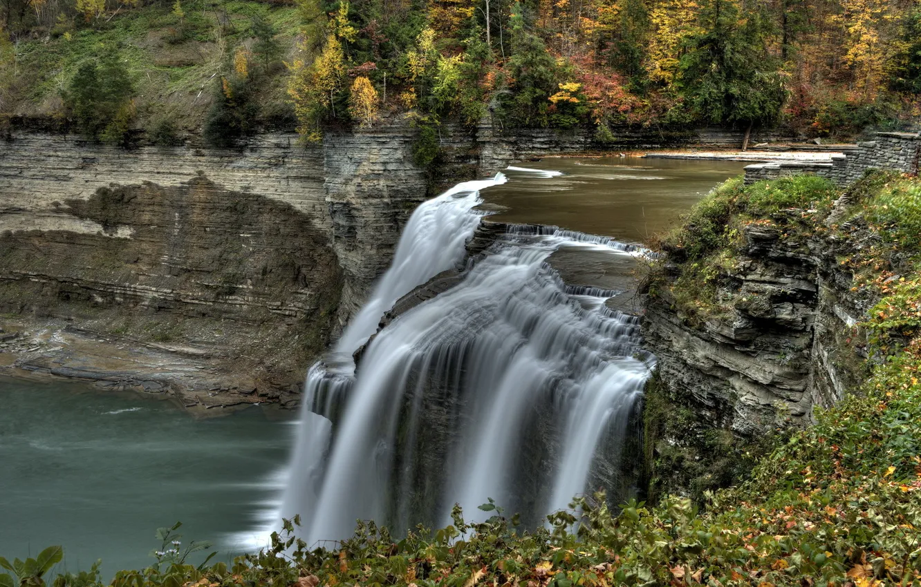 Фото обои осень, пейзаж, река, водопад