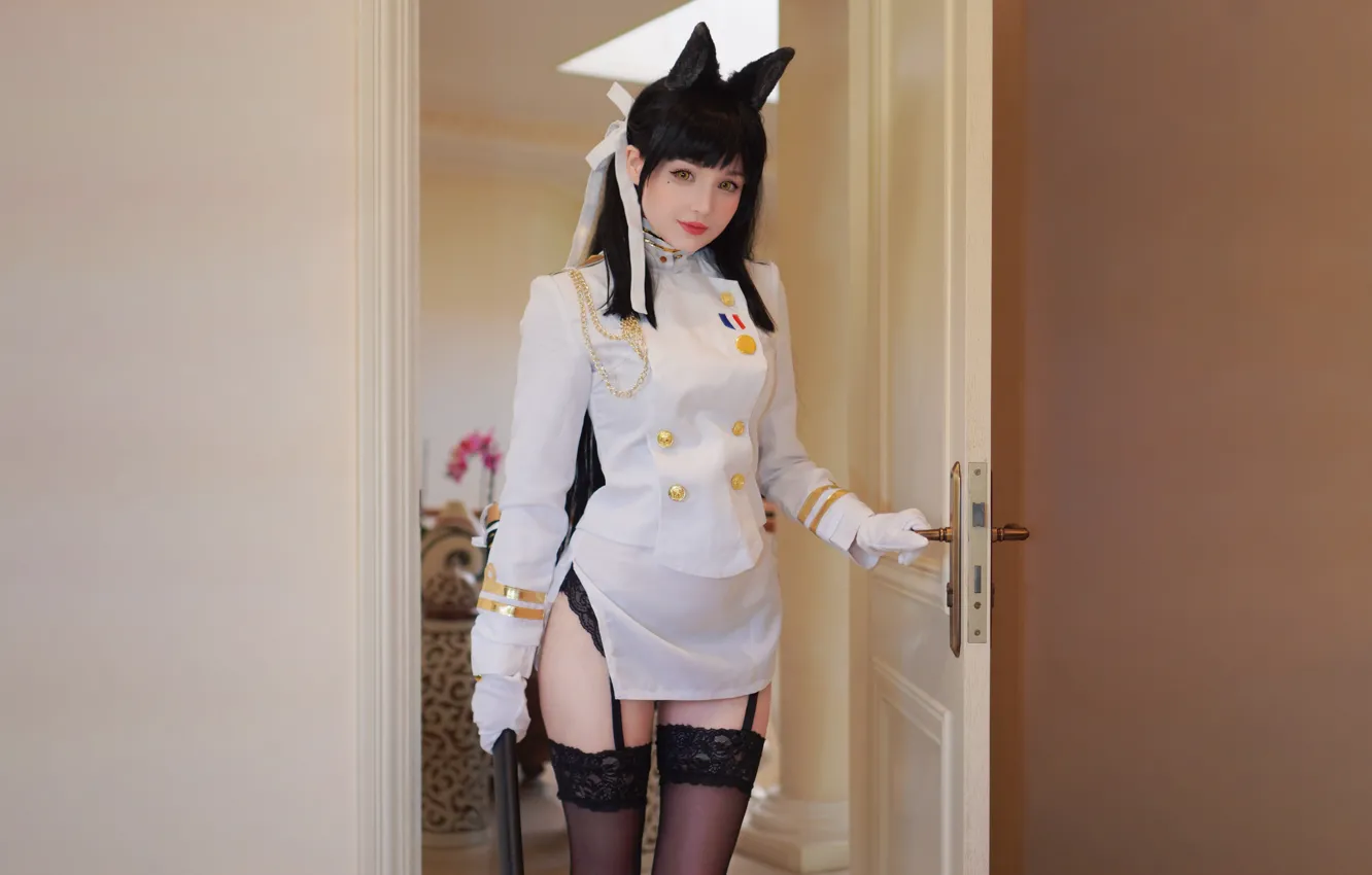 Фото обои girl, sexy, thighhighs, long hair, animal ears, smile, beautiful, pretty