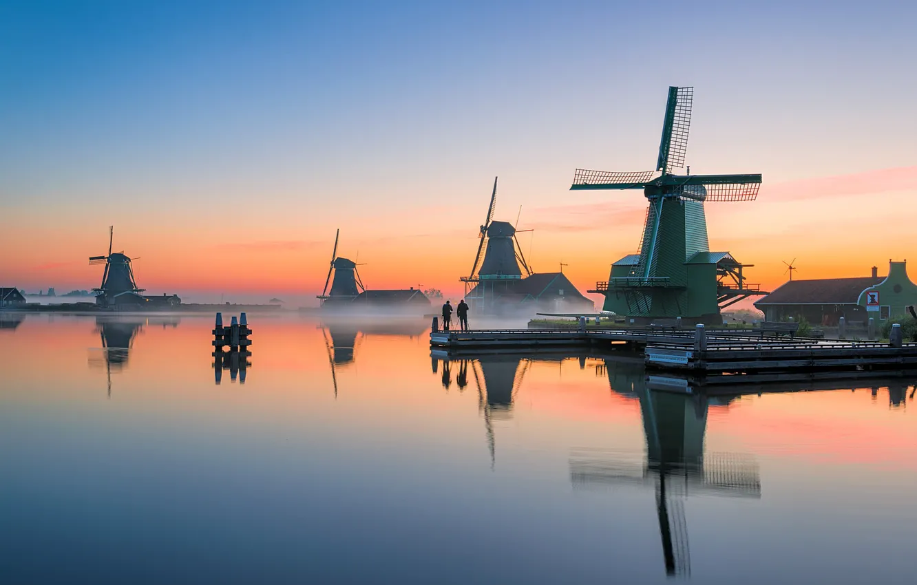Фото обои закат, вечер, канал, мельницы, Нидерланды, Голландия, Zaanse Schans