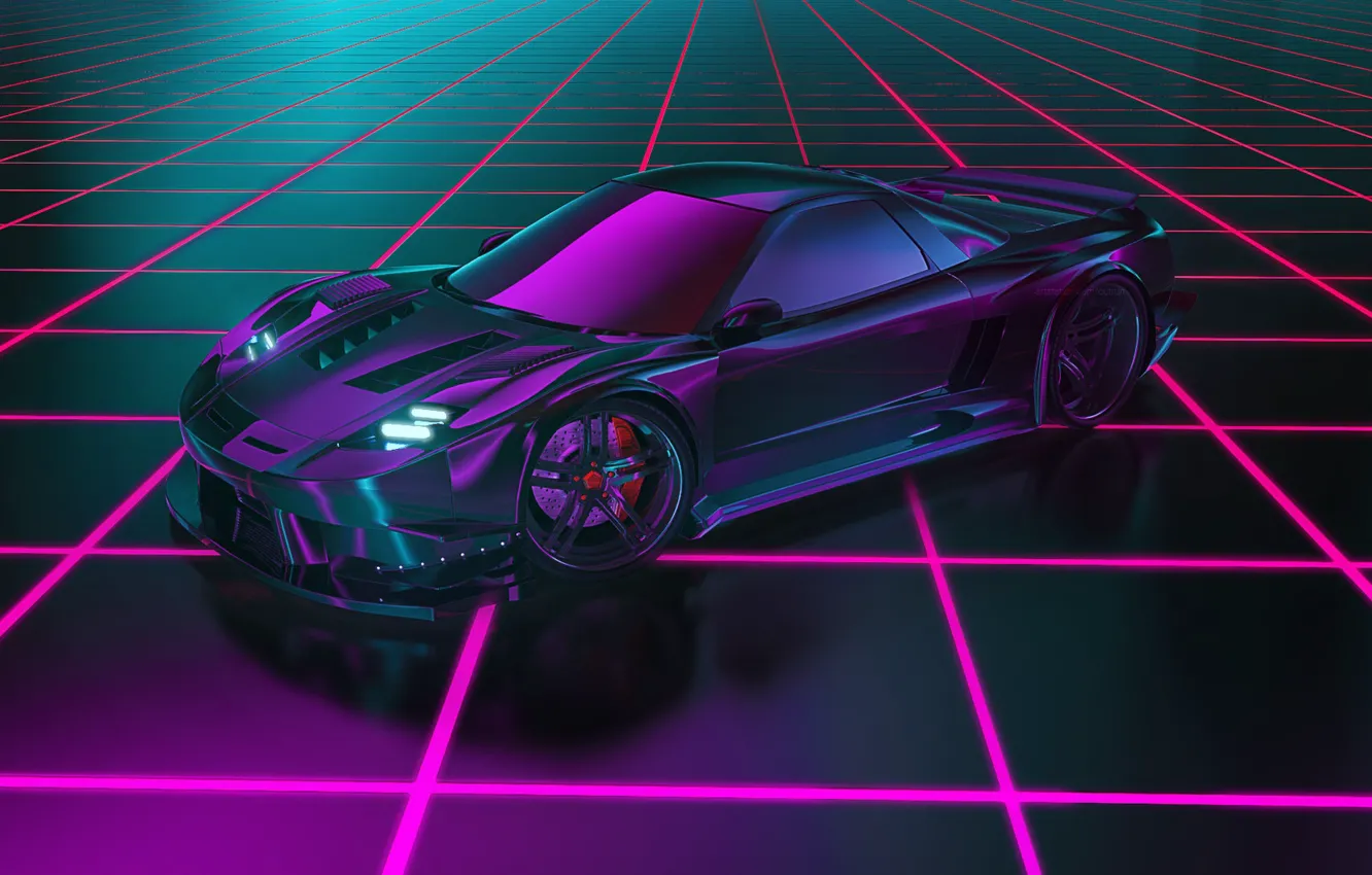 Фото обои Honda, Neon, Concept Art, Honda NSX, Synth, Retrowave, Synthwave, New Retro Wave