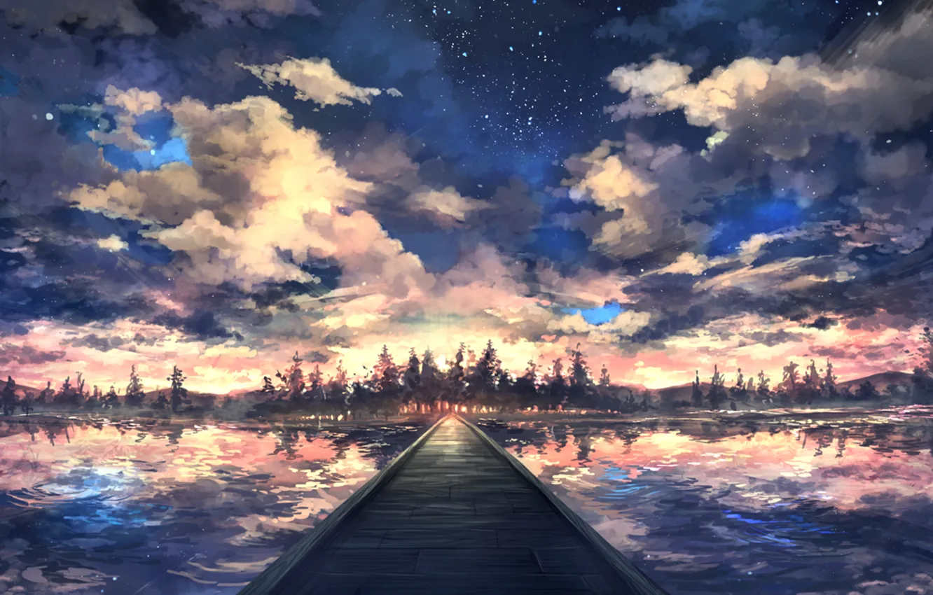 Фото обои лес, небо, вода, облака, закат, мост, рисунок