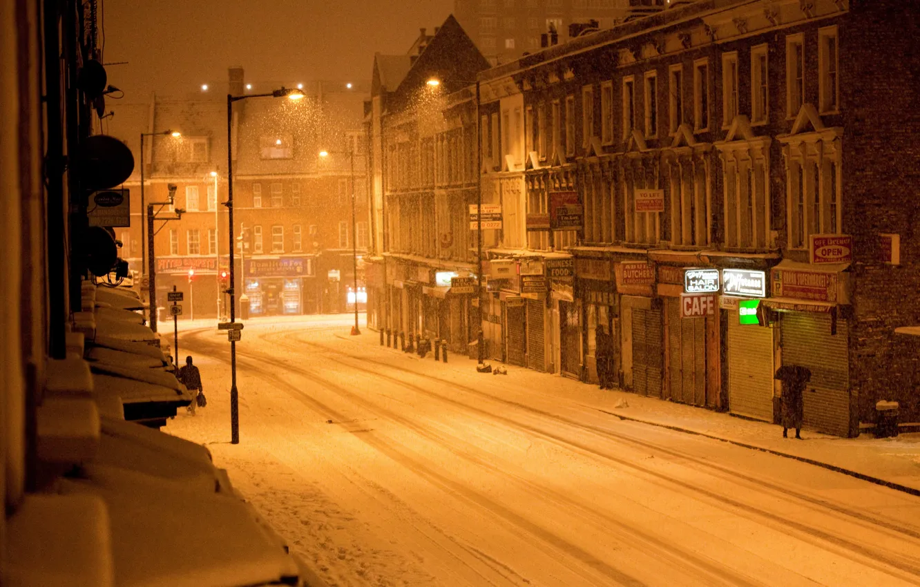 Фото обои зима, снег, город, улица, Лондон, вечер